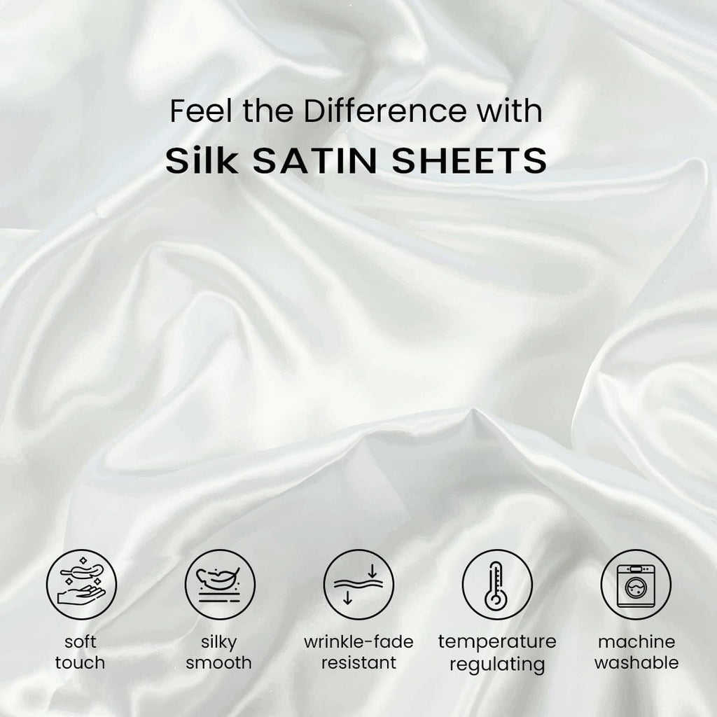 100% Pure Silk Satin Sheet Set 7pcs, Deep Pocket Fitted Sheet, Flat Sheet, Duvet Cover & Pillowcases Set|Cool Soft Sheets|Wrinkle Free, Fade Resistant|Twin, Dark Ivory