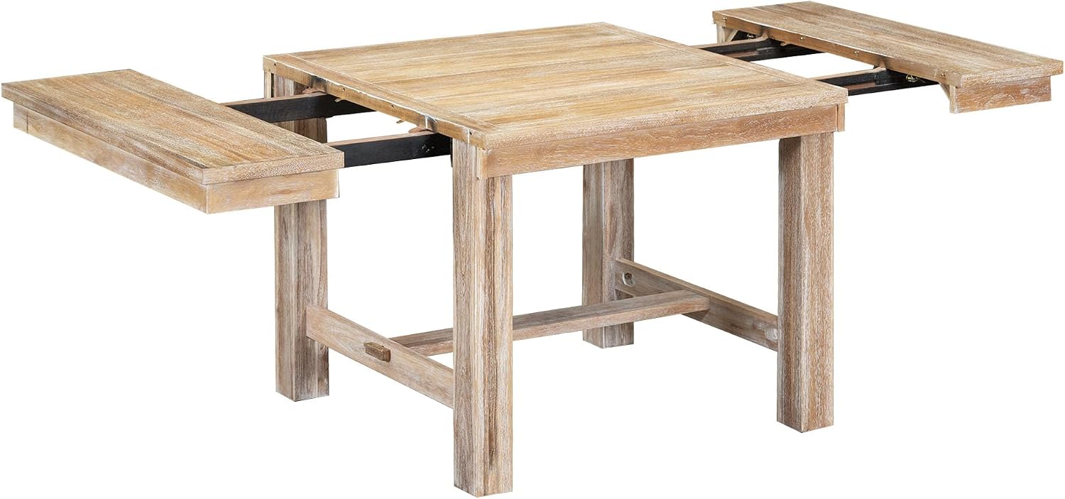 Farmhouse 6-Piece Extendable Dining Room Table Sets, Acacia Wood 82'' Dining Table with 2 Removable Leaf and Upholstered Dining Chairs& Bench, Soft Cushion with Rivet (Natural+Be)