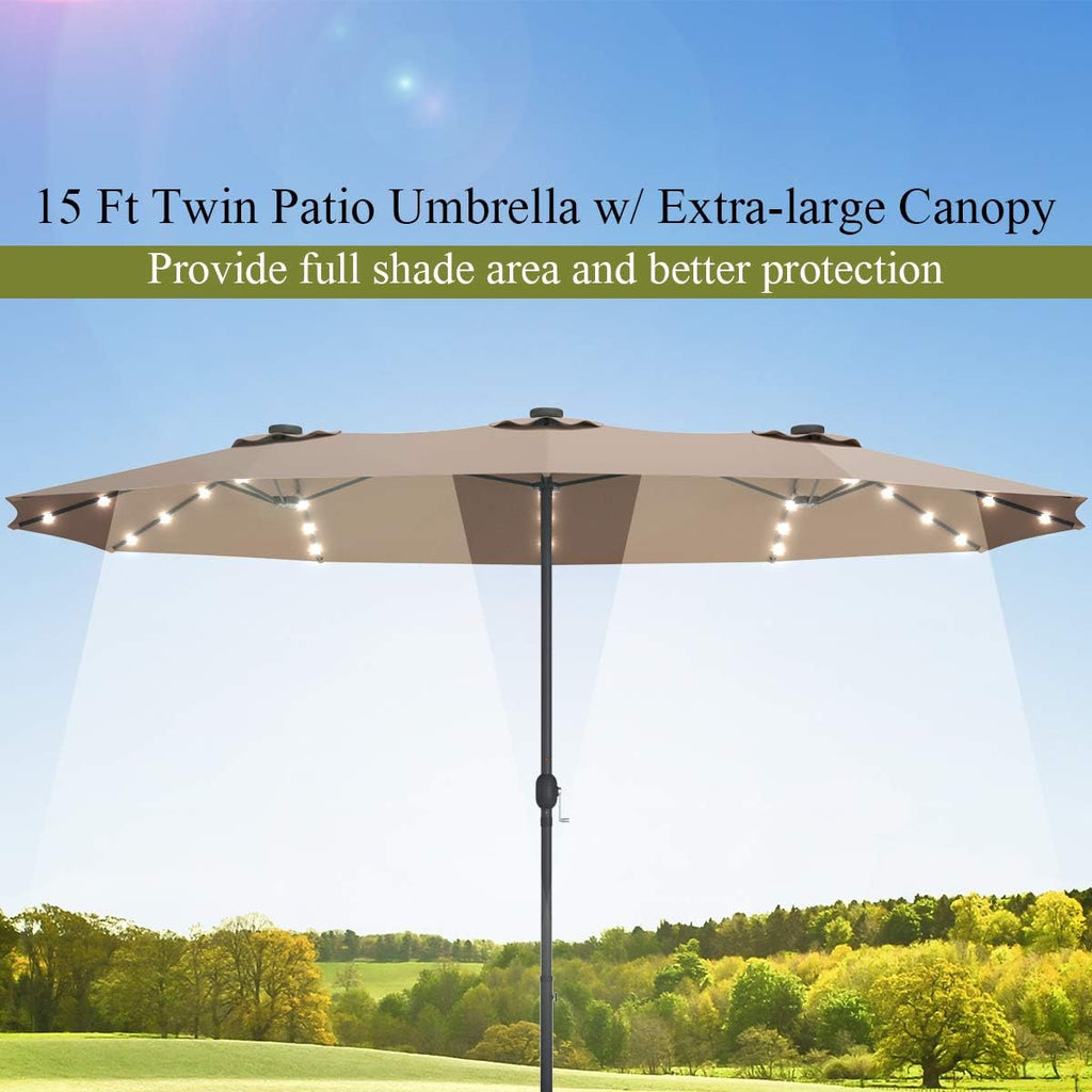 Tangkula 15 Ft Double Sided Patio Umbrella with Solar Lights, Extra Large Rectangle Outdoor Umbrella with 36 LED Lights & Crank Handle for Deck, Poolside, Garden, Backyard (Tan)