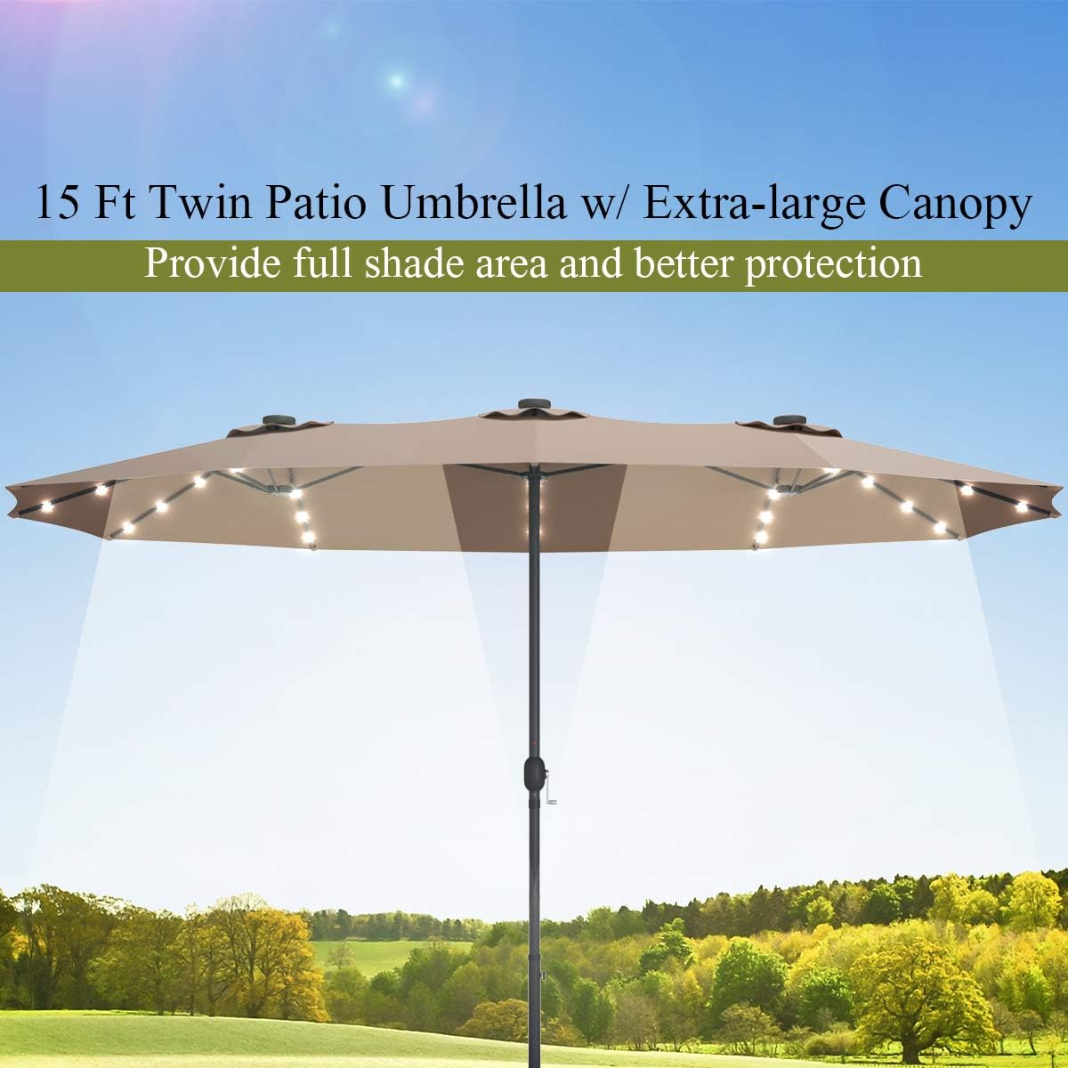 Tangkula 15 Ft Double Sided Patio Umbrella with Solar Lights, Extra Large Rectangle Outdoor Umbrella with 36 LED Lights & Crank Handle for Deck, Poolside, Garden, Backyard (Tan)