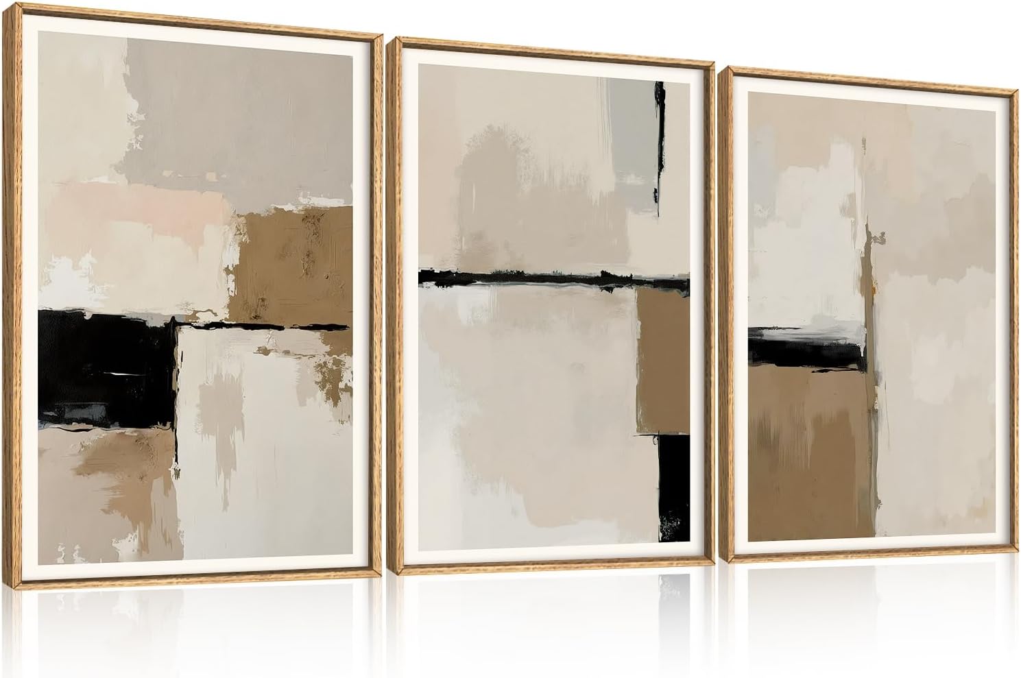 HPINUB Large Modern Abstract Framed Canvas Wall Art Set,Geometric Line Black White and Beige Textured Wall Decor Neutral Gray Minimalist Art Print for Living Room,Bedroom,Office -24'x36'x3