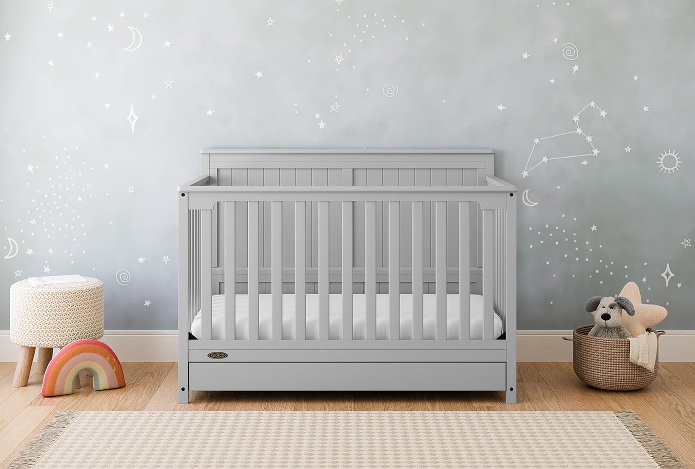 Graco Hadley 5-in-1 Convertible Crib with Drawer – GREENGUARD Gold Certified, Fits Standard Crib Mattress, Converts to Toddler Bed, Daybed and Full Bed, 4 Adjustable Mattress Heights (Pebble Gray)