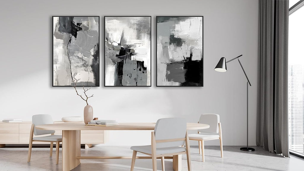 Large Framed Canvas Wall Art - Retro Grey Graffiti Pictures for Living Room Rustic Abstract Wall Decor Vintage Prints for Bedroom Dinning Room Black Float Framed 32' X 48' X 3 pcs