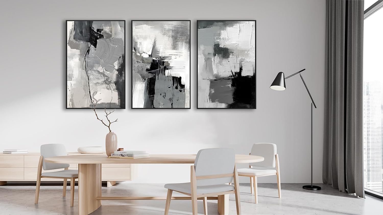Large Framed Canvas Wall Art - Retro Grey Graffiti Pictures for Living Room Rustic Abstract Wall Decor Vintage Prints for Bedroom Dinning Room Black Float Framed 32' X 48' X 3 pcs