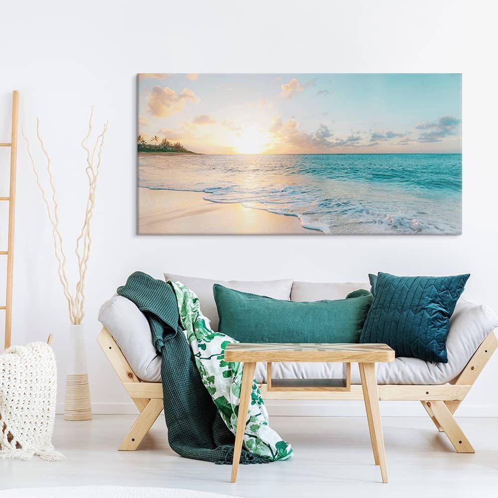 Goldfoilart Large Beach Sunset Canvas Wall Art for Living Room Blue Sea Prints Romantic Ocean Waves Pictures Painting Bedroom Home Office Wall Decor Ready to Hang 24x48Inch