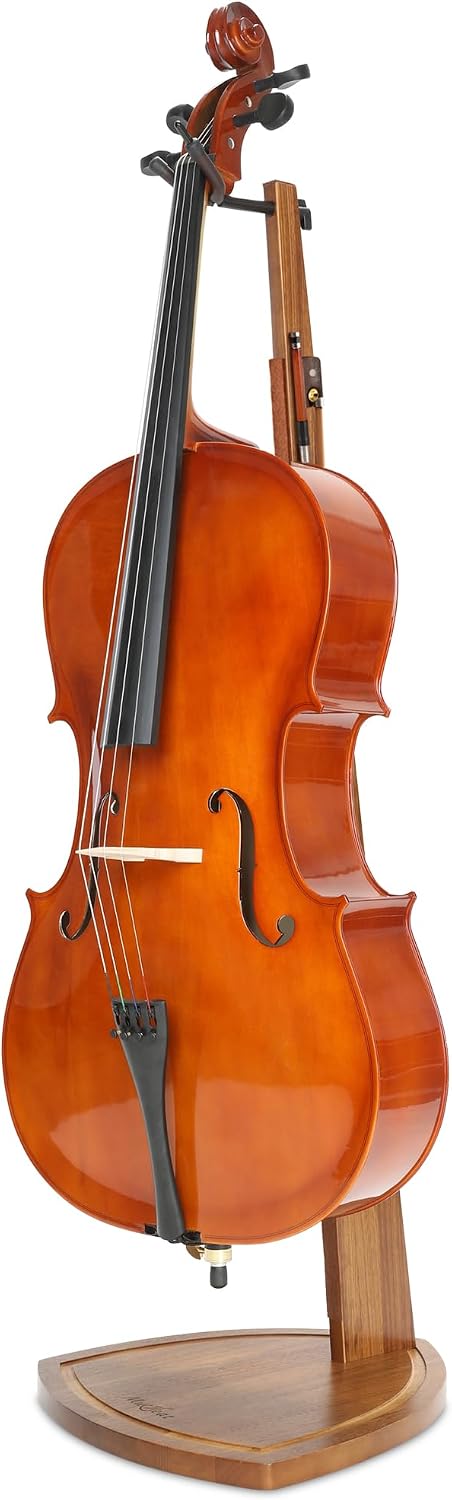 Cello Stand with Bow Holder, Handcrafted Zebra Grain Wood Floor Stand for 4/4 Full-Size and 1/2, 1/4, 3/4, 1/8, 7/8 Cello Home and Studio Display