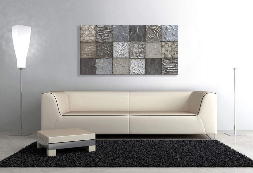 Alenoss 100% Handmade Abstract Metal Paintings Canvas Wall Art Unique Thick Texture Rough Surface Modern Oil Painting 48x24 Inches Imitation Old Handicrafts Grey Artwork