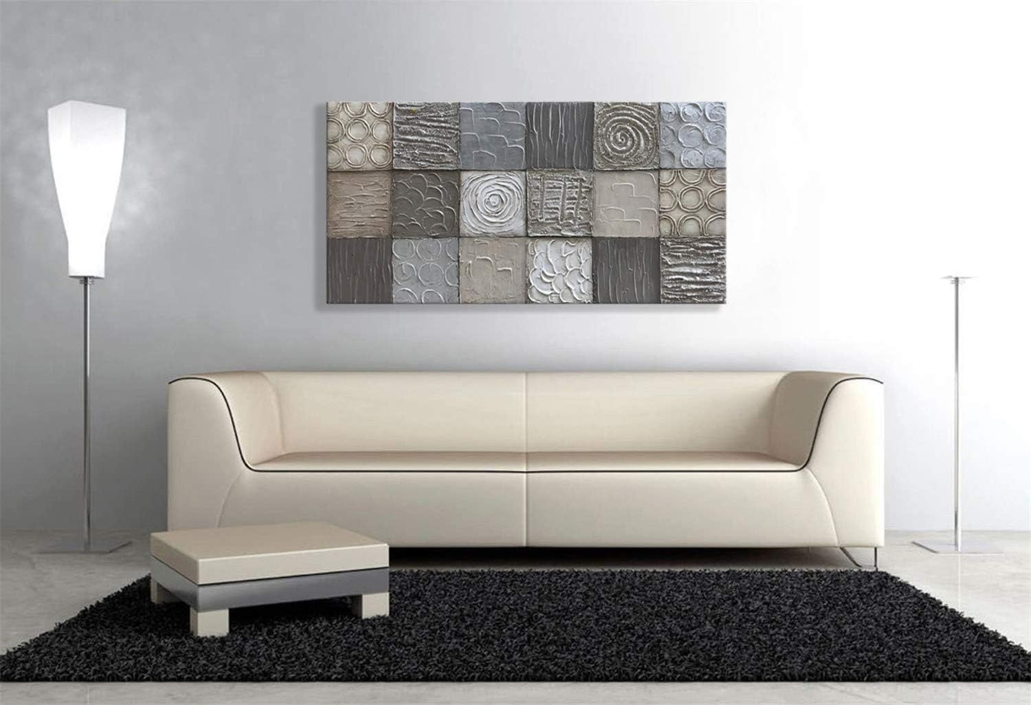 Alenoss 100% Handmade Abstract Metal Paintings Canvas Wall Art Unique Thick Texture Rough Surface Modern Oil Painting 48x24 Inches Imitation Old Handicrafts Grey Artwork