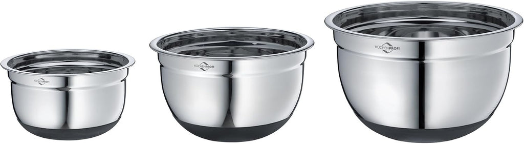 Stainless Steel Non-Slip Mixing Bowls with Silicone Bottom; 3 Piece Set : 1.5 Qt.; 2.75 Qt.; 5 Qt.