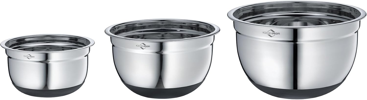 Stainless Steel Non-Slip Mixing Bowls with Silicone Bottom; 3 Piece Set : 1.5 Qt.; 2.75 Qt.; 5 Qt.