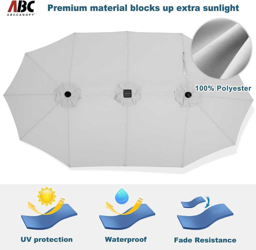 ABCCANOPY 15ft Umbrella Outdoor Patio Solar Lights with Base, Outdoor Double-Sided Rectangle Umbrella for Poolside, Lawn, Backyard (Light Gray)