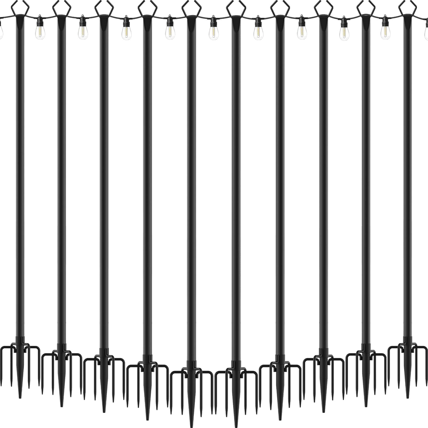10 Pack 10 ft Heavy Duty Metal String Light Poles Adjustable Outdoor Lighting Stand for Patio,Backyard,Garden,Party & Wedding Rustproof & Sturdy with Hooks
