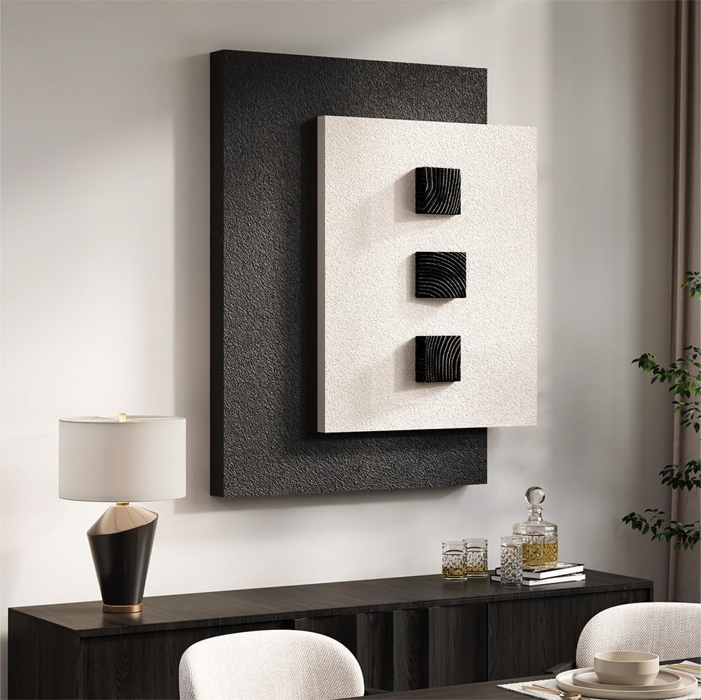 Cuspin Large 3D Wood Wall Art for Living Room, Minimalist Black and White Wooden Blocks Artwork for Walls, Modern Textured Paintings Wall Decor for Bedroom Dining Room Office Hallways