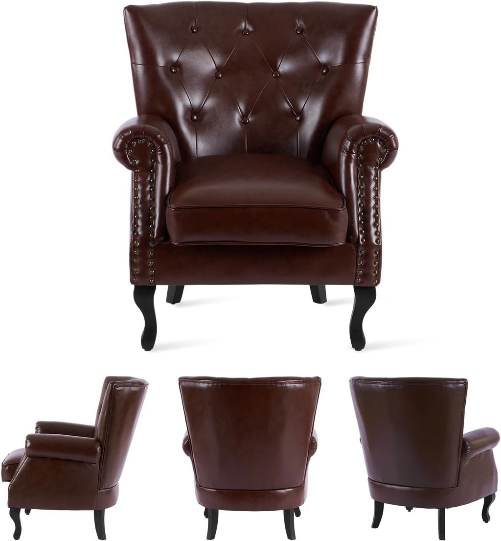 MOJAY PU Leather Accent Chair, Mid-Century Modern Armchair Living Room Club Chair with Tufted Button & Rivet Trim, Upholstered Sofa Chair with Sturdy Wood Legs for Bedroom (Reddish Brown)
