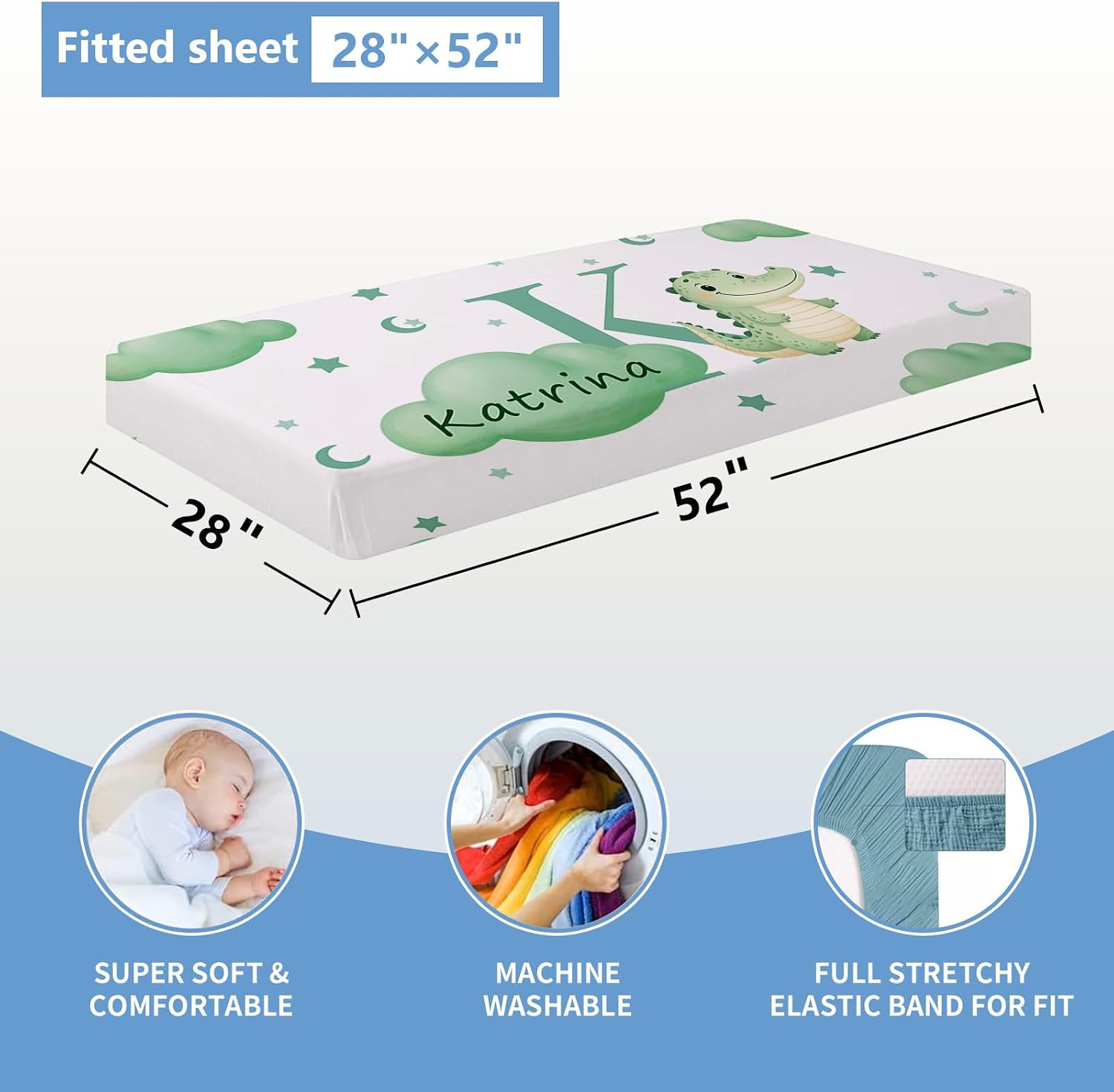 KAINSY Custom Crib Bedding Set, 5 Pcs Personalized Name Monogram Baby Crib Sets for Infants Toddlers, Green Alligator Nursery Bedding Set for Boys Girls, Soft Baby Bedding Sets Customized Gifts