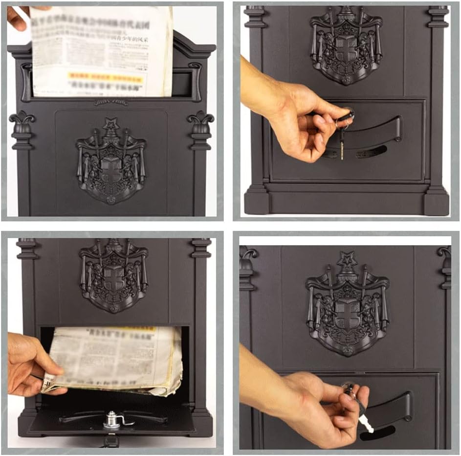 Mailbox Wall Mount, Secure Mail Box with Key Lock, Large Capacity Locking Mailbox for Outside, Rust-Proof Metal Post Box (Gray : Gold)