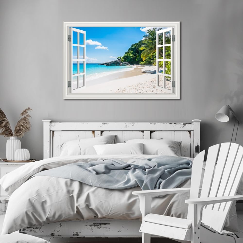 Beach Wall Art Pictures Decor for Living Room Fake White Window Frame Style Blue Ocean Canvas Wall Painting Theme for Bedroom Extra Large Tropical Palm Tree Art Pirnts Coastal Seascape Artwork for Home Office Basement Decorations32x48inch