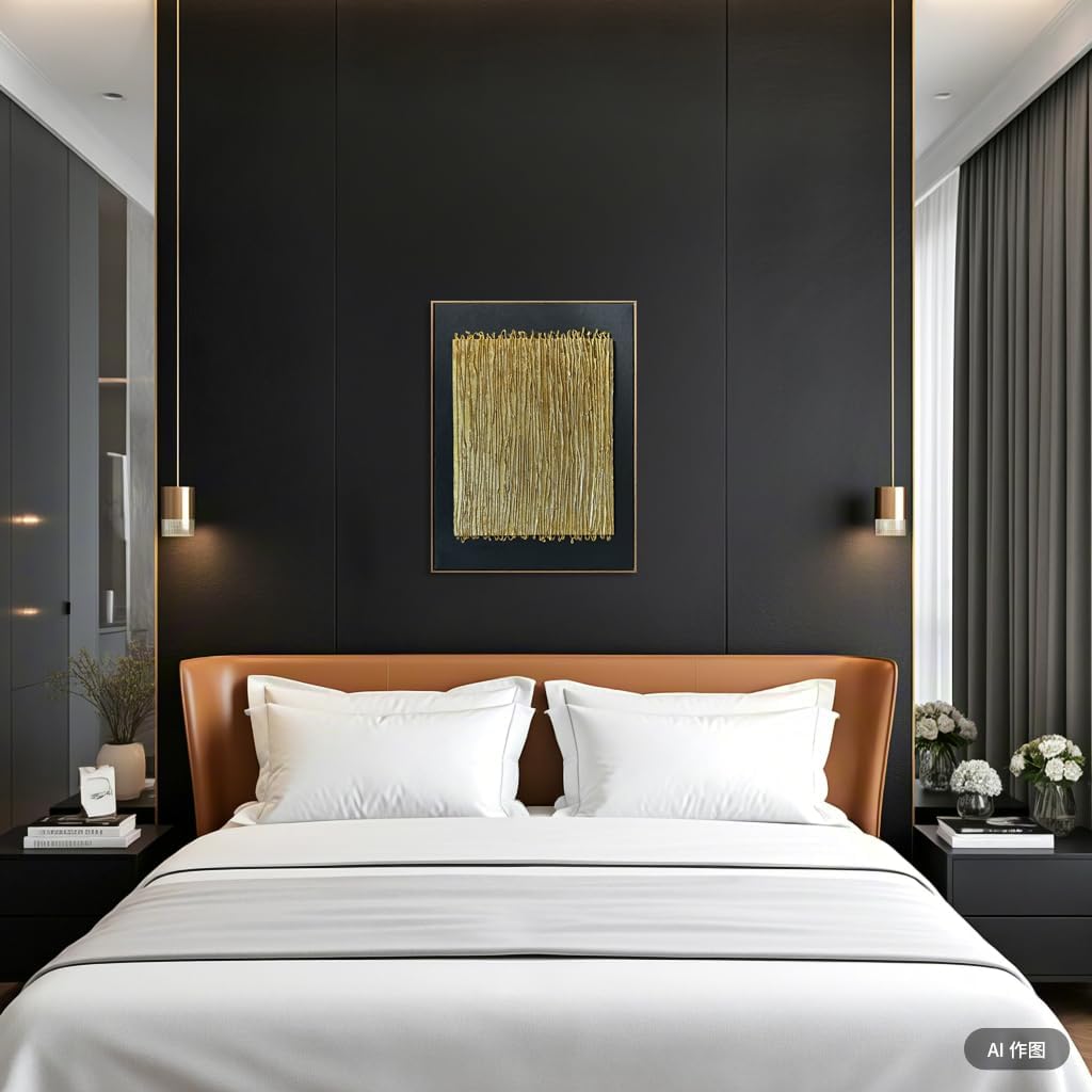 Boiee Art,24x36Inch Handmade Minimalist Framed Wall Art Geometric Line Canvas Artwork Gold Black Oil Paintings