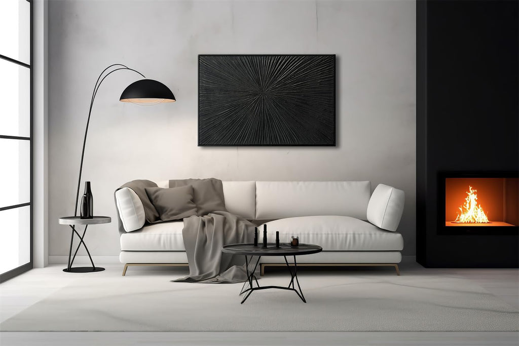 Framed Black Relief Wall Art, Modern Abstract Oil Paintings on Canvas, Quartz Sand Texture Wall Art for Living Room Bedroom Wall Decor