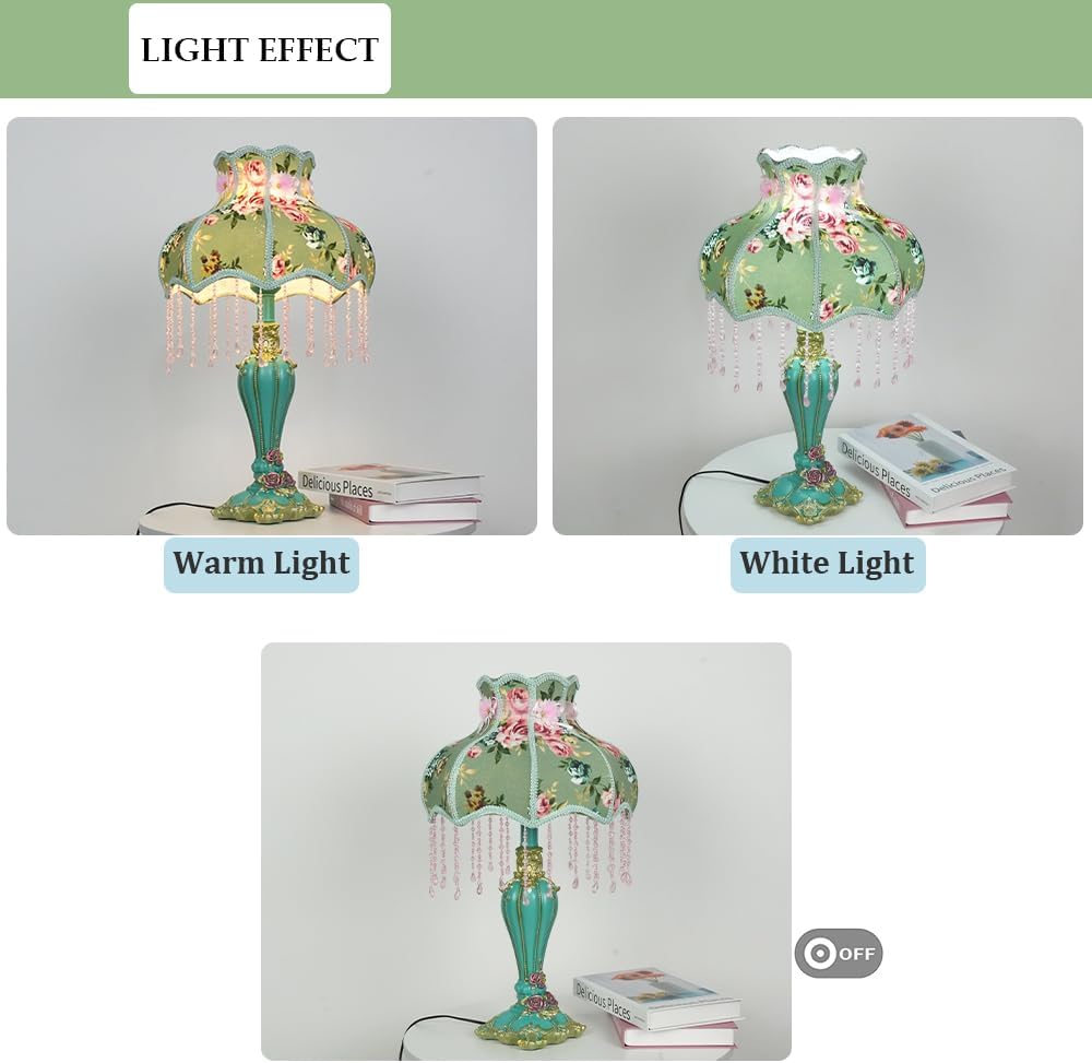 Lovely Table Lamp with Fabric Lampshade, Antique Flower Decorative Bedside Desk Lamp, Handmade Night Light for Bedroom Nightstand (Green)