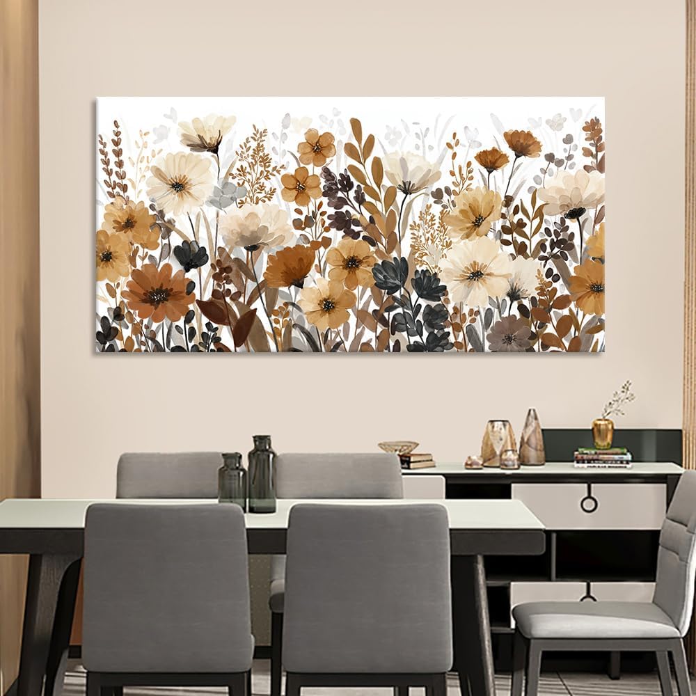 Watercolor Flower Wall Art Beige Brown Rustic Botanical Wildflower Picture Modern Country Aesthetic Painting Wall Decor Floral Landscape Canvas Prints Artwork for Bedroom Living Room Farmhouse 28'x58'
