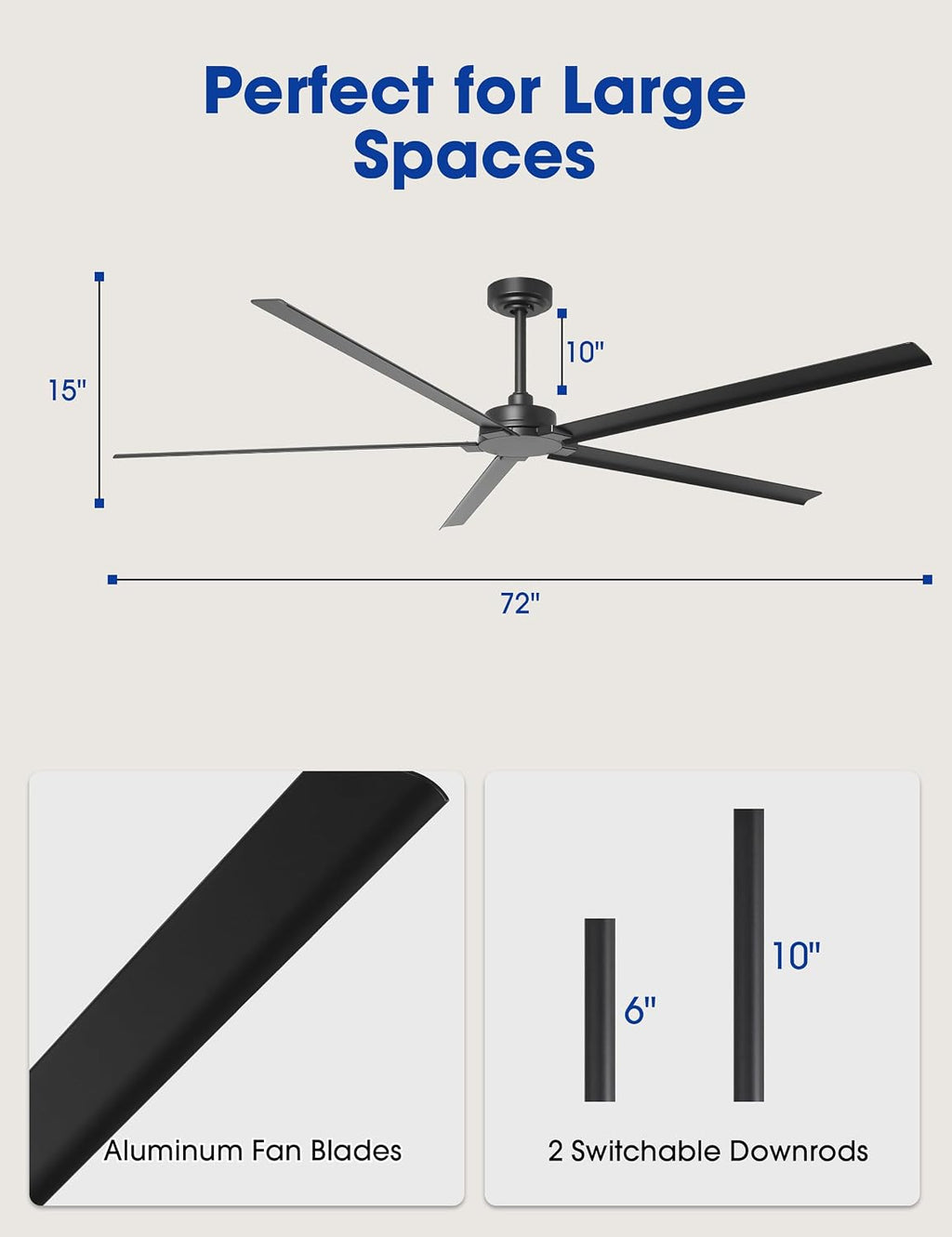 Waterproof Outdoor Ceiling Fans 72 Inch Black Industrial Ceiling Fans without Lights, DC Motor Large Ceiling Fan No Light with 5 Aluminum Blade, Reversible Airflow for Patio Porch Garage Living Room