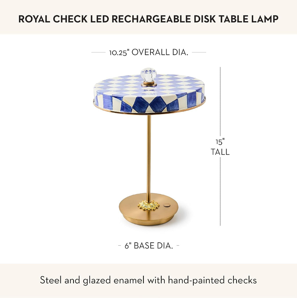 MACKENZIE-CHILDS LED Rechargeable Disk Table Lamp, Cordless Touch Lamp, Blue-and-White Royal Check