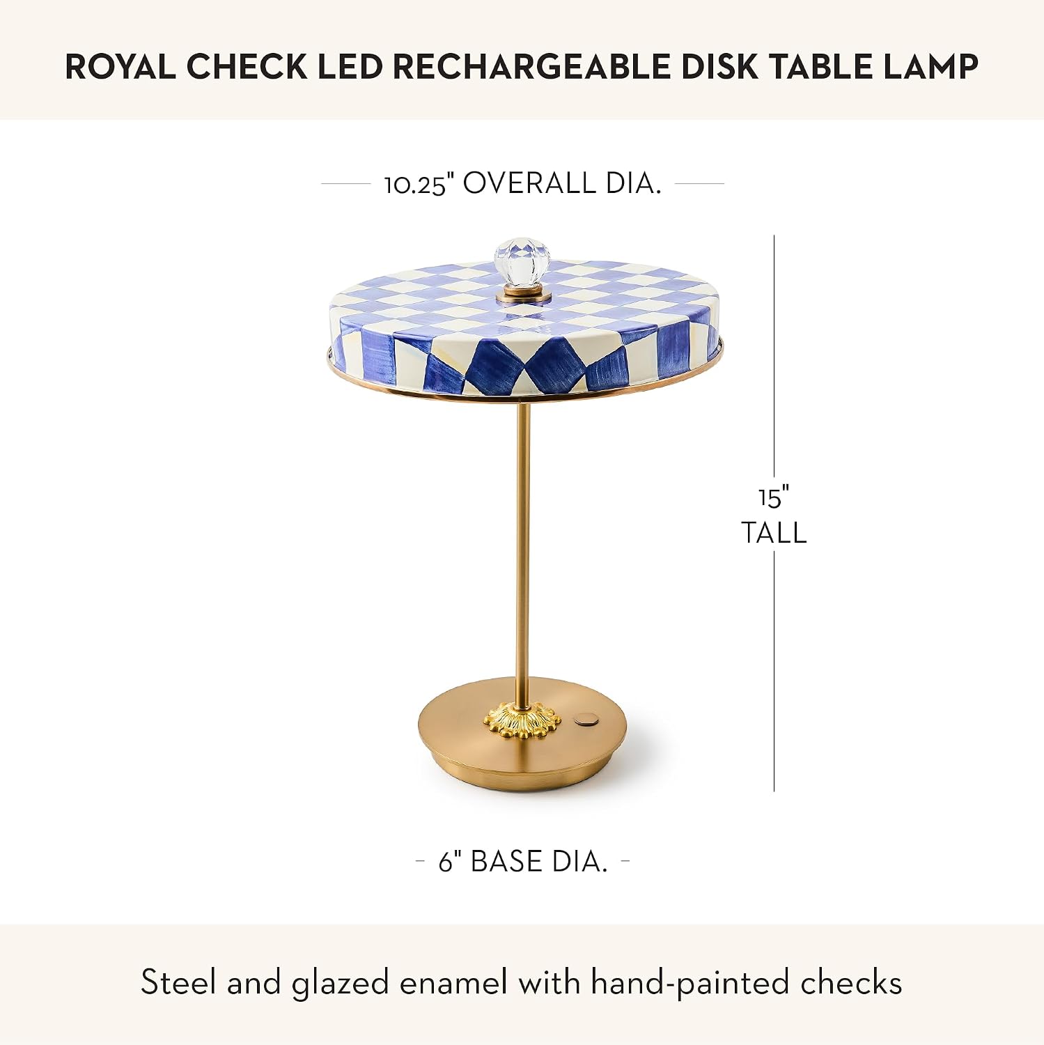 MACKENZIE-CHILDS LED Rechargeable Disk Table Lamp, Cordless Touch Lamp, Blue-and-White Royal Check