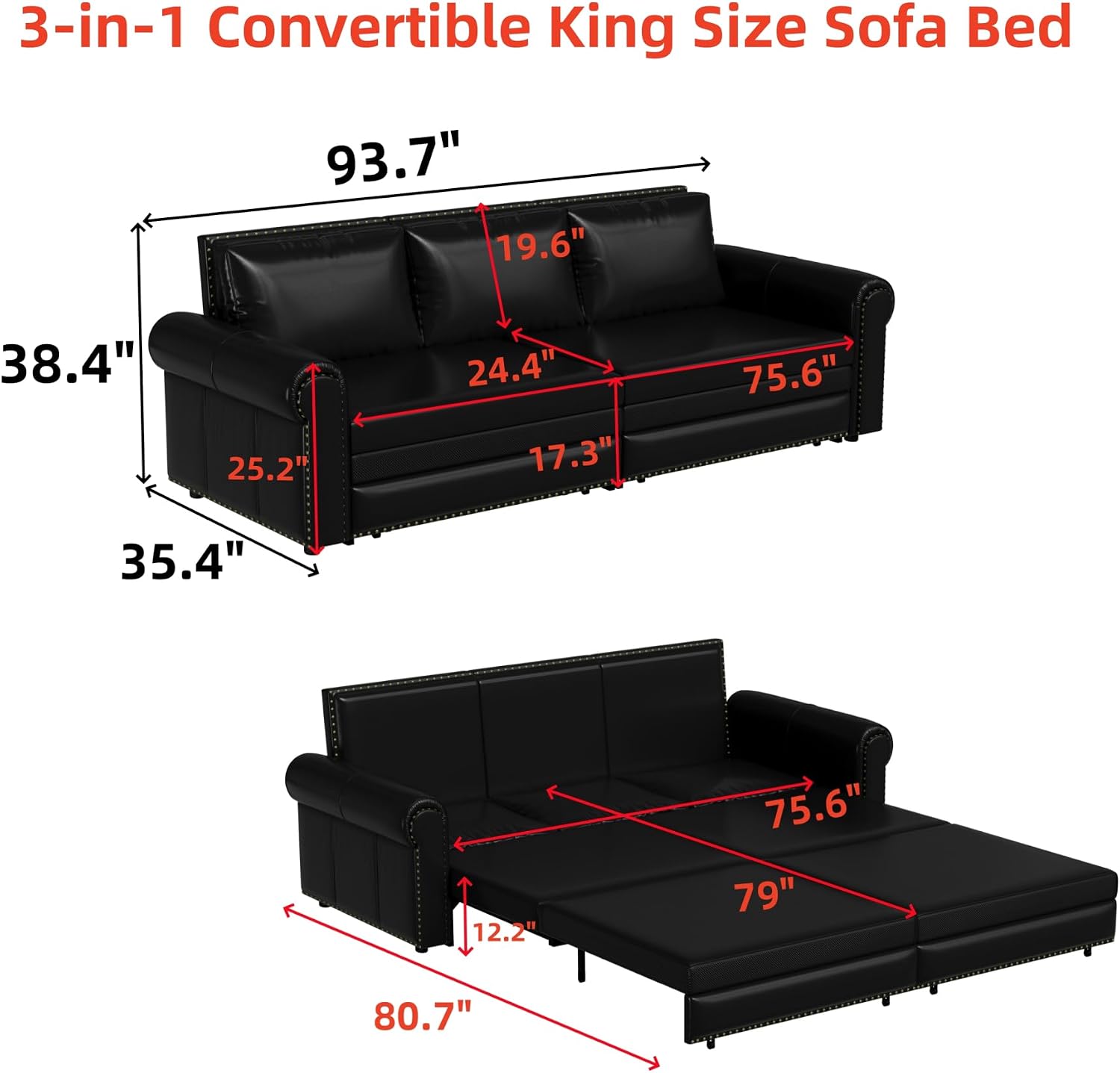 93.7' Pull Out Sofa Bed King Size with Pillows,3-in-1 Convertible Sleeper Couch with Nails Trim,PU Leather 3 Seater Sofabed for Living Room,Black