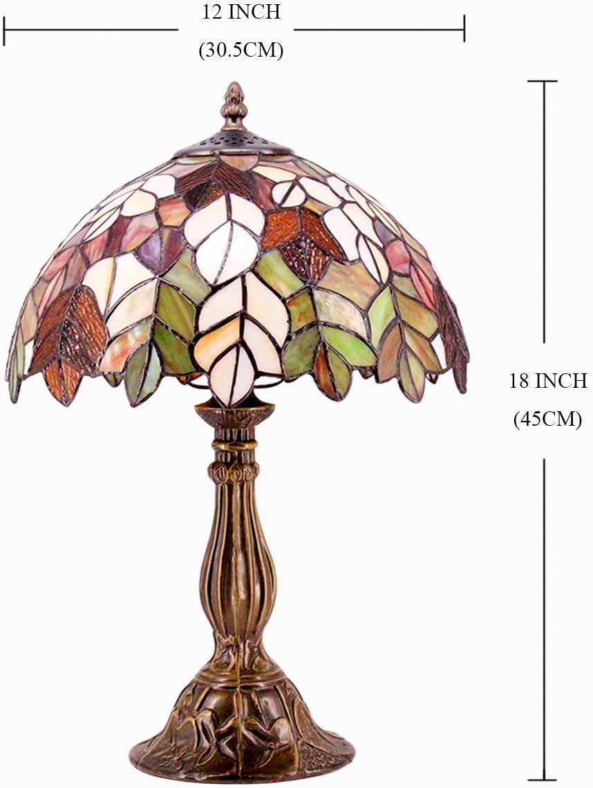 WERFACTORY Tiffany Table Lamp Stained Glass Style Maple Leaf Bedside Lamp Desk Reading Light 12X12X18 Inches Decor Bedroom Living Room Home Office S804 Series