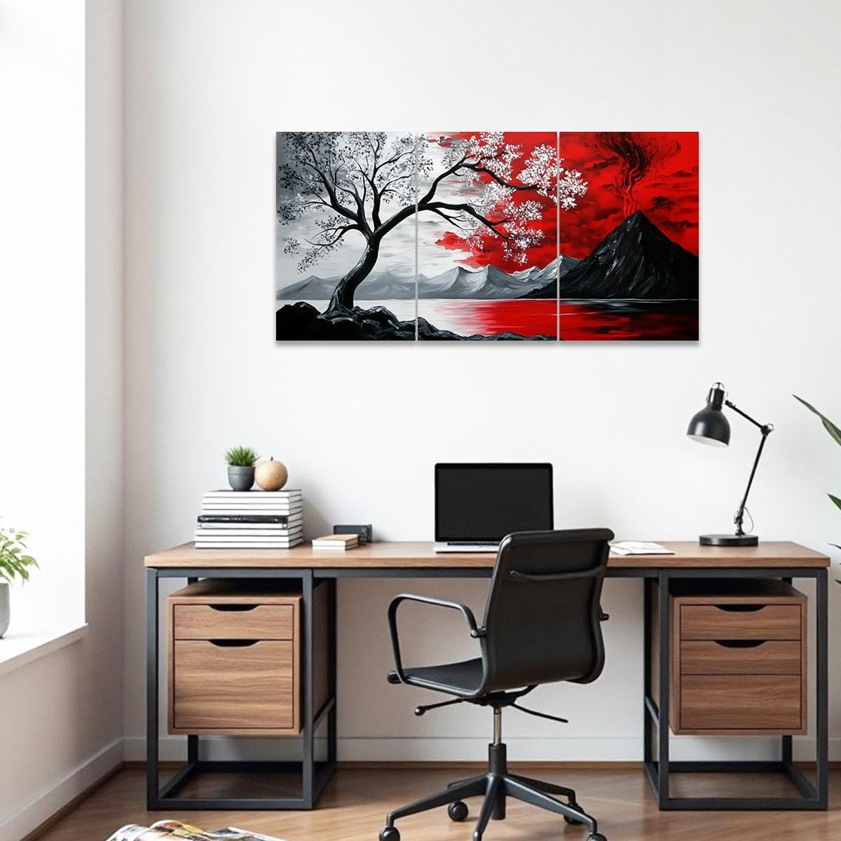 CCWACPP Black and Red 3pc Wall Art Abstract Seascape Paintings Cloud Tree Art Prints Landscape Canvas Pictures Modern Living Room Bedroom Home Decor Framed (24'x36'x3)