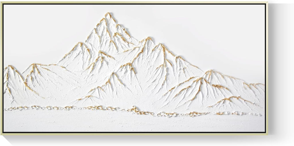 White and Gold Framed Paintings Textured Wall Art - 3D Mountain 100% Hand Painted Canvas Home Decor 48x24 Large Horizontal Contemporary Artwork Decoration for Living Room Bedroom