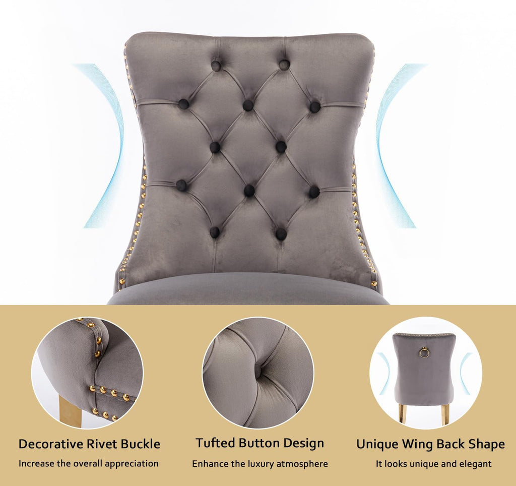 2 Piece Contemporary Velvet Upholstered Dining Chair with Chrome Stainless Steel Plating Legs, Nail Head Decro, Armless Tufted Dining Chair Fabric Dining Room Chair (Gray&Gold, Set of 2)