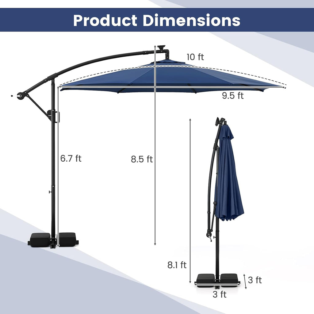 Tangkula 10 FT Solar Patio Umbrella with Base Included, Cantilever Offset Hanging Outdoor Umbrella with 96 Multi-Colored Flowing LED Lights, 9 Modes, Tilt Adjustment, 360° Rotation, Crank for Pool Yard Deck Lawn (Navy)