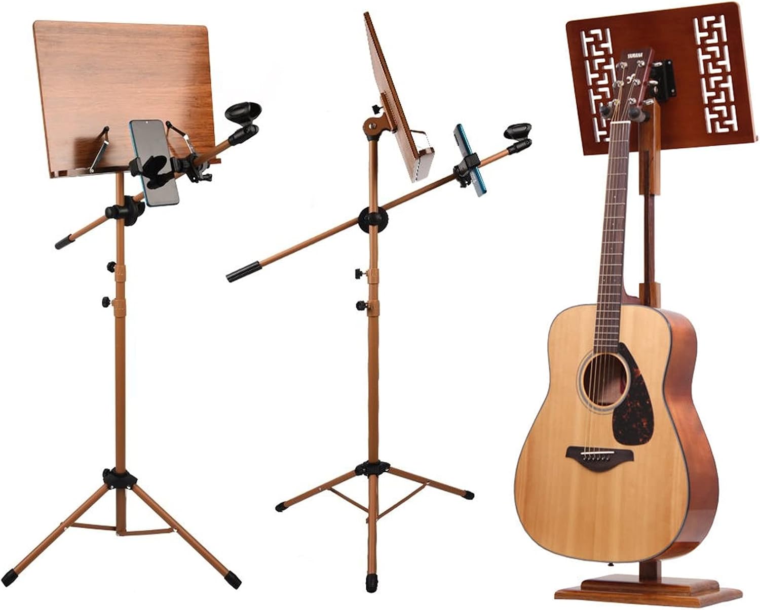 Music Stand with Phone Holder Microphone Holder, Two-in-one Dual-use Bamboo Book Stand, Sheet Music Stand with Violin Hanger, Suitable for Various Performance Scenes (Wood 17 * 45 * 75cm)