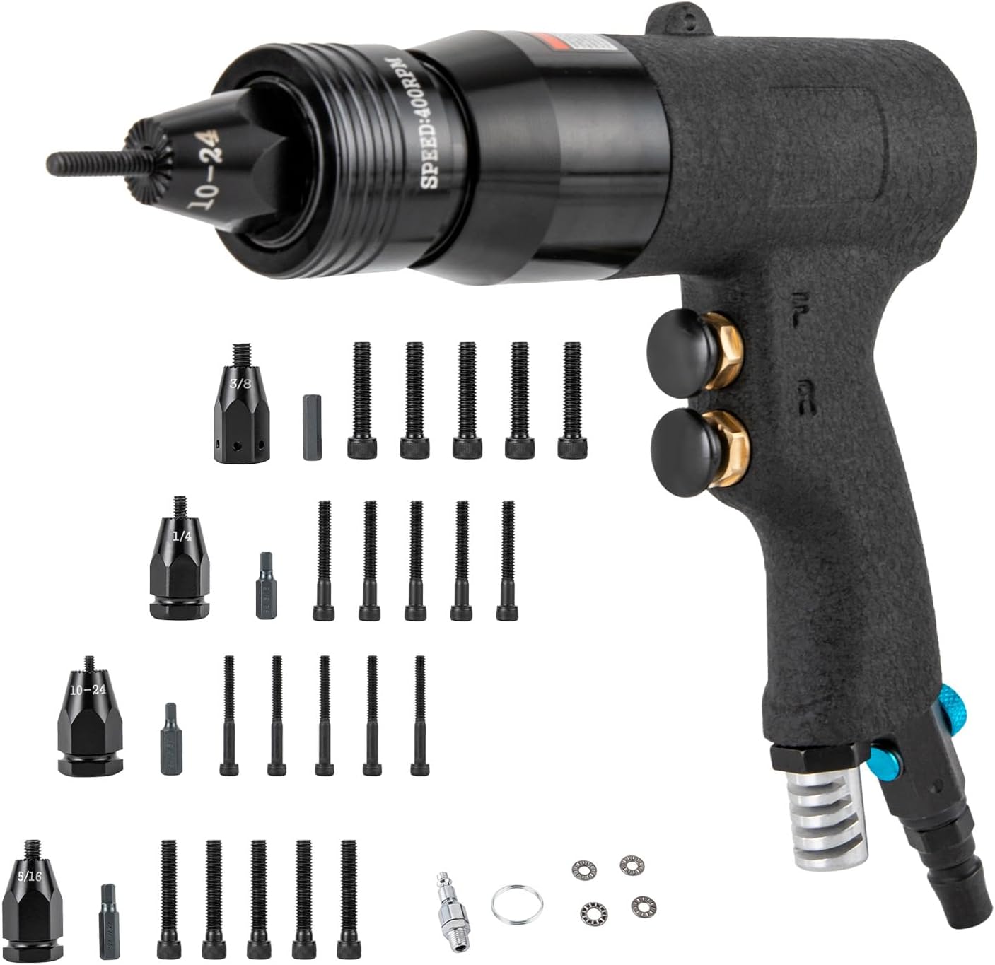 Pneumatic Rivet Nut Gun with 4 Gun Heads 10-24' 1/4' 5/16' 3/8' Air Rivet Nut Pull Setter Tool Industrial Grade Adjustable Speed Pull Rivnut Gun Professional Riveting Machine