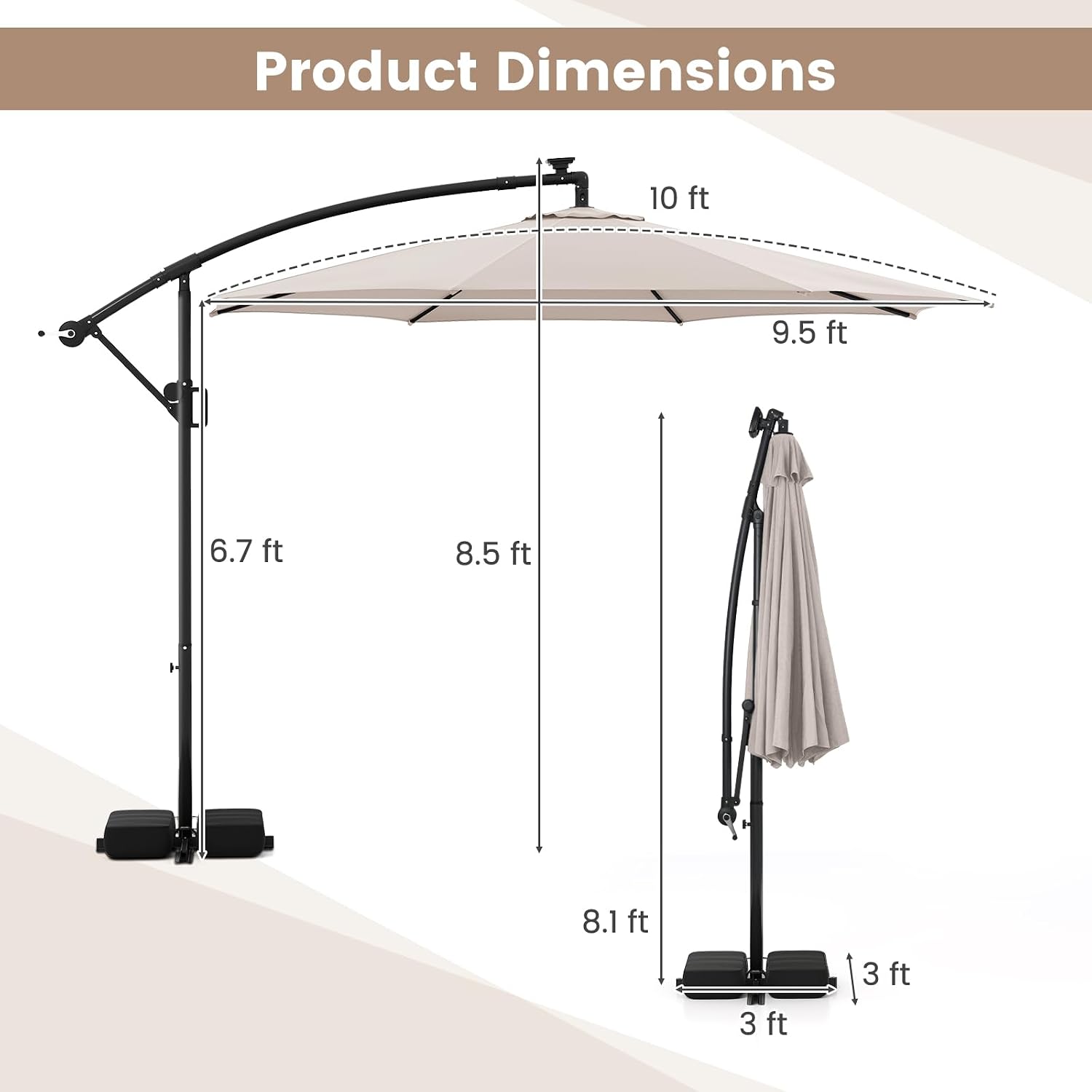 Tangkula 10 FT Solar Patio Umbrella with Base Included, Cantilever Offset Hanging Outdoor Umbrella with 96 Multi-Colored Flowing LED Lights, 9 Modes, Tilt Adjustment, 360° Rotation, Crank for Pool Yard Deck Lawn (Beige)