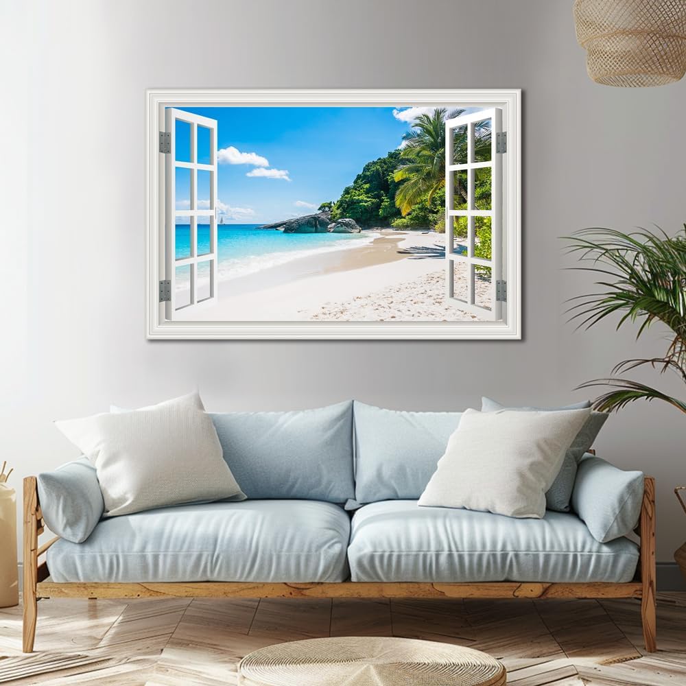 Beach Wall Art Pictures Decor for Living Room Fake White Window Frame Style Blue Ocean Canvas Wall Painting Theme for Bedroom Extra Large Tropical Palm Tree Art Pirnts Coastal Seascape Artwork for Home Office Basement Decorations32x48inch