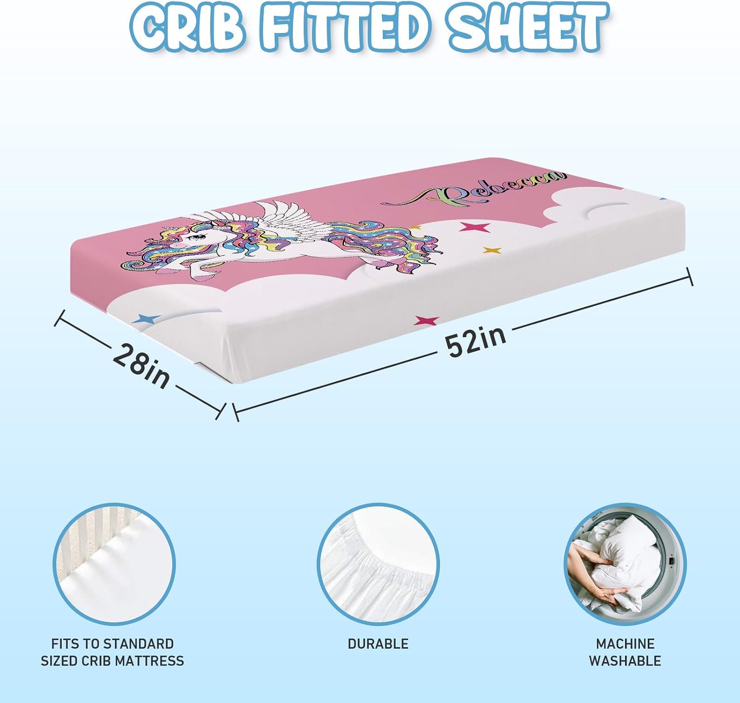 Dyoart Personalized Baby Crib Set - 5 Piece Custom Baby Bed Set for Girls with Name, Double Layer Nursery Bedding, Pink Unicorn Theme for Toddler, Infant, New Parents