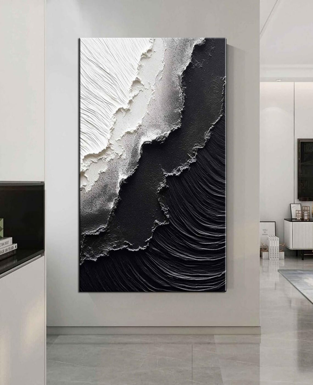 YaSheng Art - Vertical Wall Art Texture Abstract Oil Painting ,Hand Painted sea wave Black and White Wall Art Minimalist modern Art Paintings,, Home Living room Room Dining Room Bedroom Wall Decorative Art Oil Painting 24x48inch