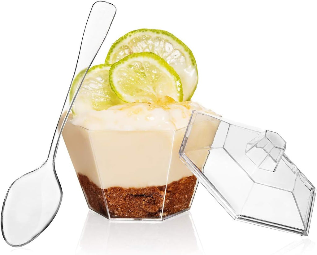 Hexagonal Mini Bowl-Lids & Spoons Included- 3.3 ounce -320 Count -Clear Plastic - Six Sided Bowl - Flower Cup-Mini Dessert Cup- Serving Bowl -Snack Bowl-Disposable or Reusable CASE OF 320
