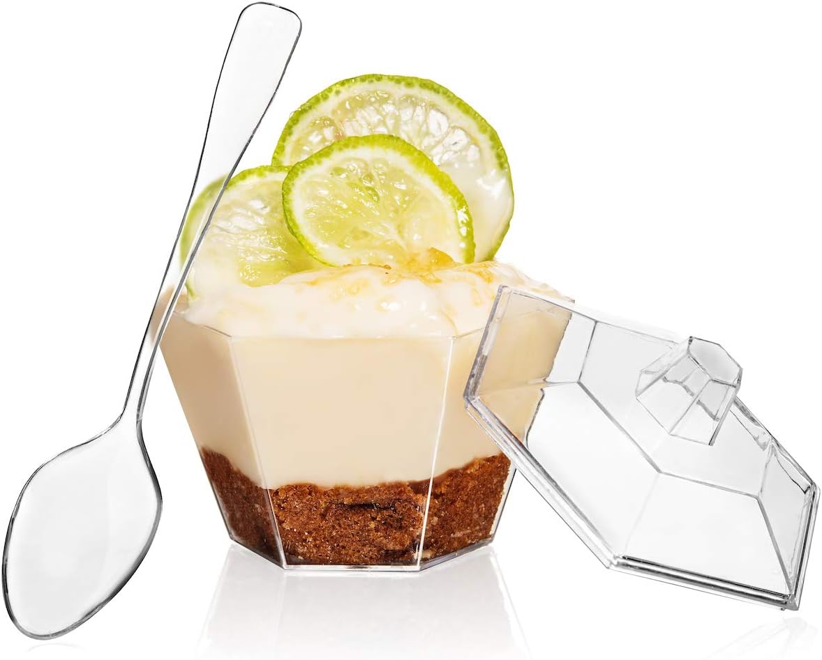 Hexagonal Mini Bowl-Lids & Spoons Included- 3.3 ounce -320 Count -Clear Plastic - Six Sided Bowl - Flower Cup-Mini Dessert Cup- Serving Bowl -Snack Bowl-Disposable or Reusable CASE OF 320