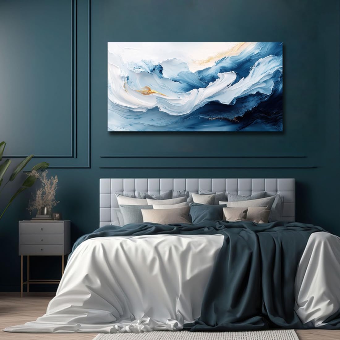 RUIFENGL Blue White Gold Abstract Canvas Prints Wall Art for Living Room Office Decor Blue and White Gold Artwork Paintings Pictures for Bedroom Bathroom Home Office Wall Decoration 29'x58' Xlarge