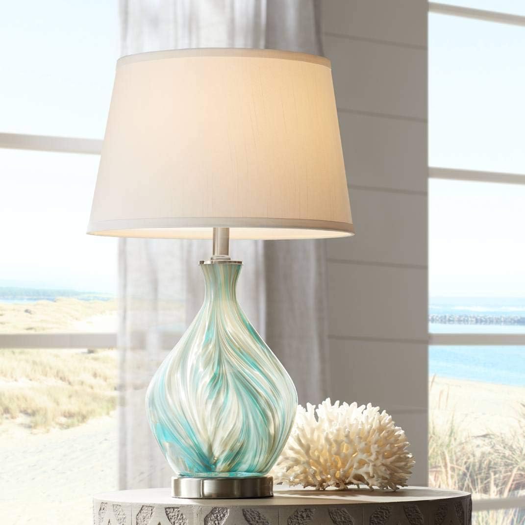 360 Lighting Cirrus Modern Style Accent Table Lamp 22' High Blue Gray Glazed Art Glass Off White Drum Shade Decor for Living Room Bedroom House Bedside Nightstand Home Office (Color May Vary)