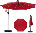 Tangkula 10 FT Solar Patio Umbrella with Base Included, Cantilever Offset Hanging Outdoor Umbrella with 96 Multi-Colored Flowing LED Lights, 9 Modes, Tilt Adjustment, 360° Rotation, Crank for Pool Yard Deck Lawn (Red)