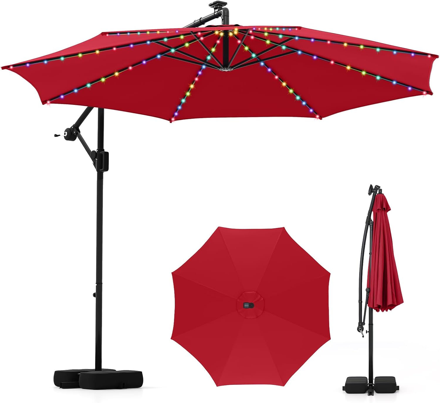 Tangkula 10 FT Solar Patio Umbrella with Base Included, Cantilever Offset Hanging Outdoor Umbrella with 96 Multi-Colored Flowing LED Lights, 9 Modes, Tilt Adjustment, 360° Rotation, Crank for Pool Yard Deck Lawn (Red)