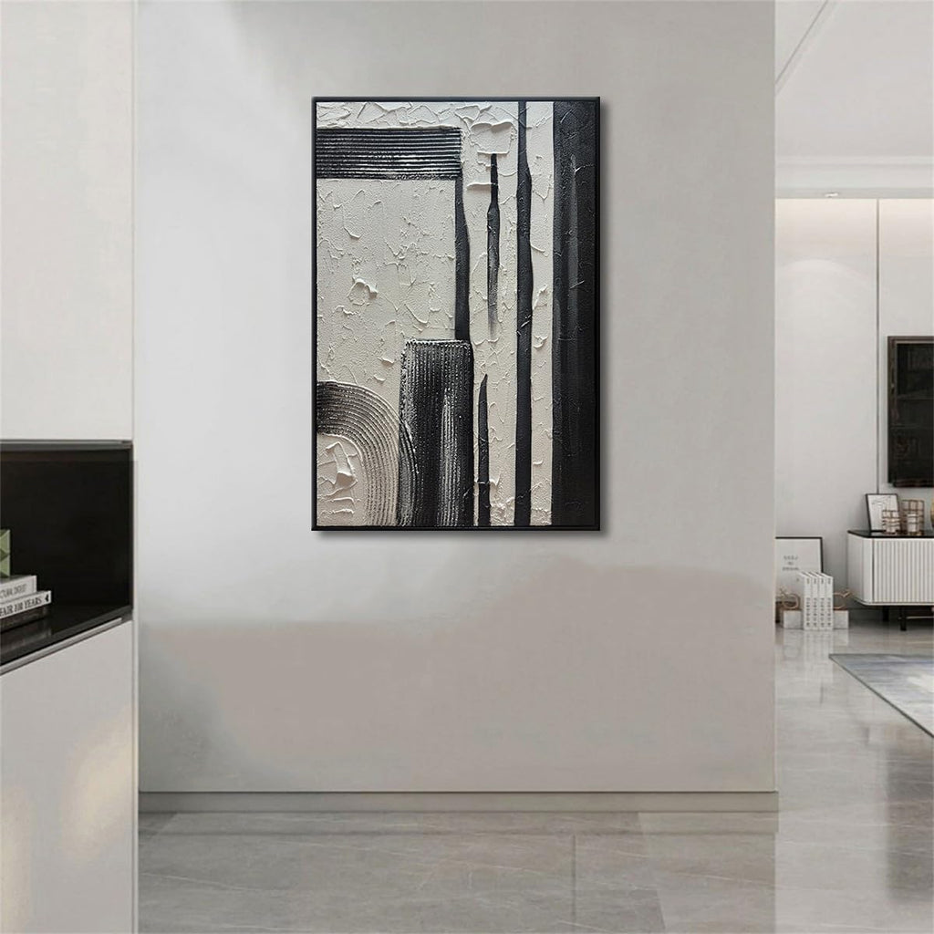 Slyart Hand Painted Black and White Textured Wall Art Black Framed Abstract Oil Paintings on Canvas Large Texture Minimalism Artwork for Home Decorations