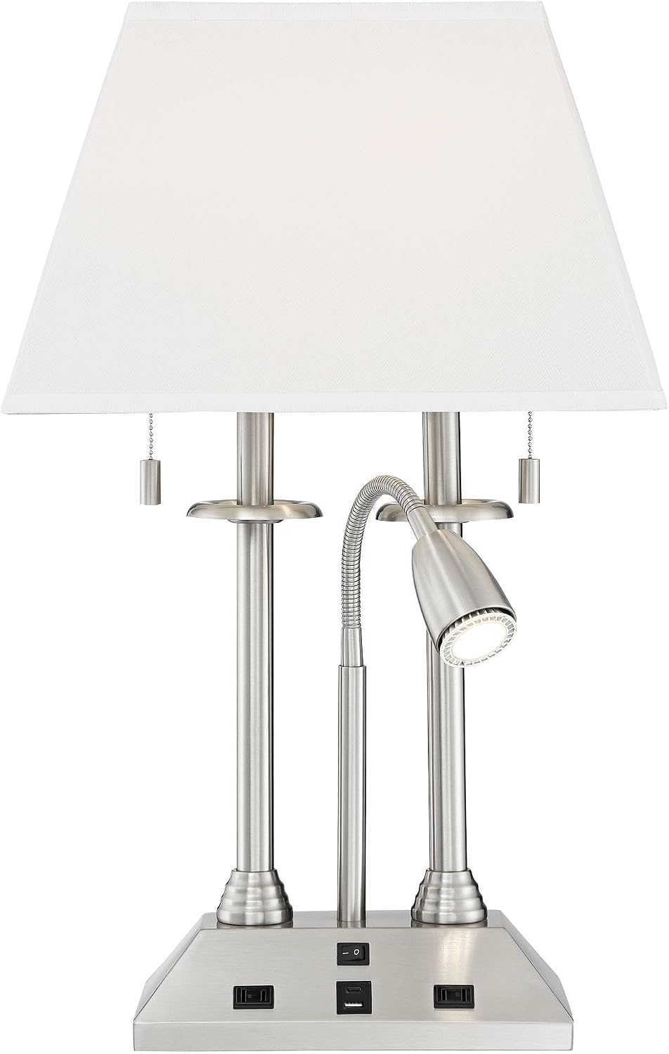 Possini Euro Design Dexter 26' High Modern Table Lamp with USB Charging Ports A+C and AC Power Outlet in Base Brushed Nickel LED Reading Light White Linen Shade Bedroom Living Room House Desk