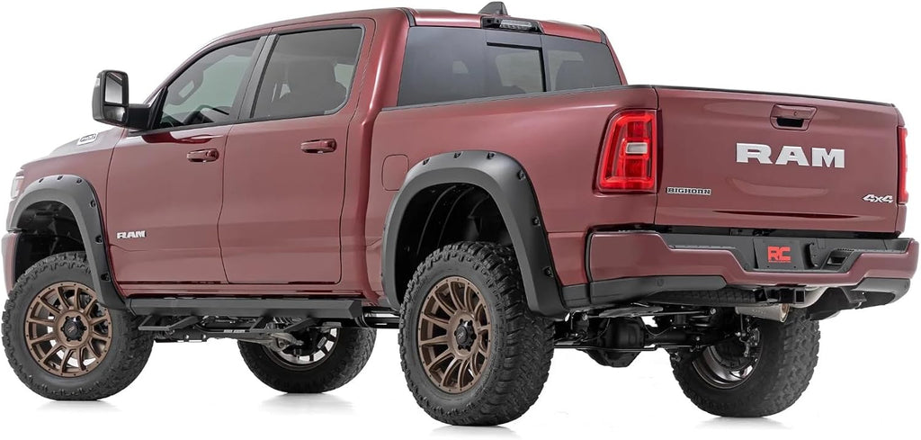 Rough Country Pocket Fender Flares for Ram 1500 (2025-2026) - Bolt-on Rivet Style, UV-Resistant ABS, Paintable Matte Black