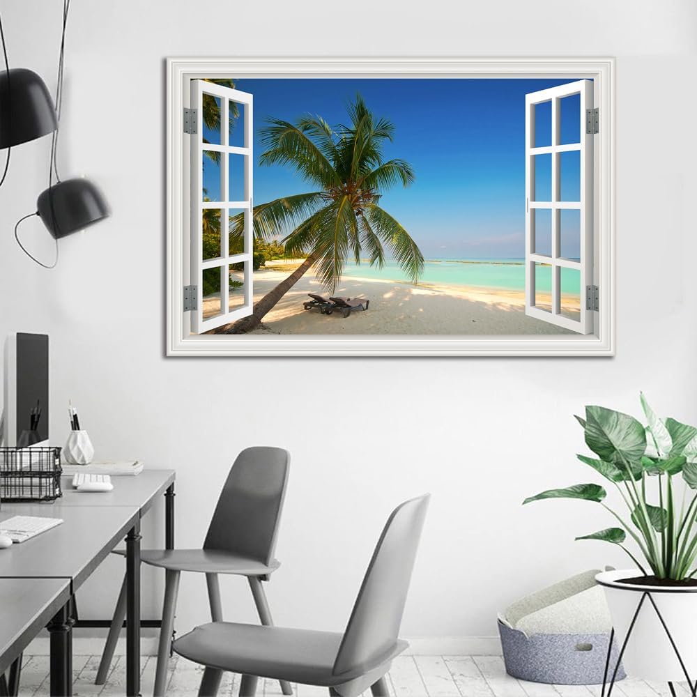 Beach Wall Art Ocean Theme Canvas Pictures White Fake Window Frame Style Tropical Palm Tree Wall Painting Extra Large Blue Coastal Landscape Art Print Seascape Artwork for Living Room Bedroom Home Office Decorations 32x48inch